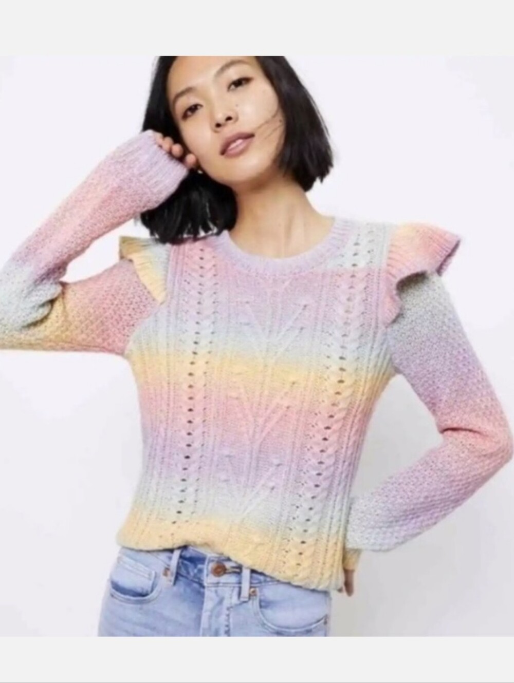 LOFT Pastel Rainbow Ruffle-Shoulder Cable Knit Sweater Size Large